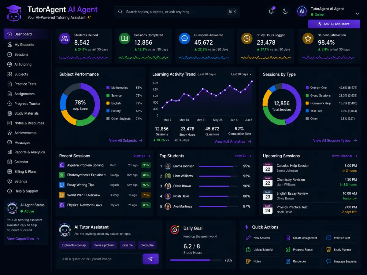 tutoragent.app AI tutor agent — personalized lessons and study dashboard preview